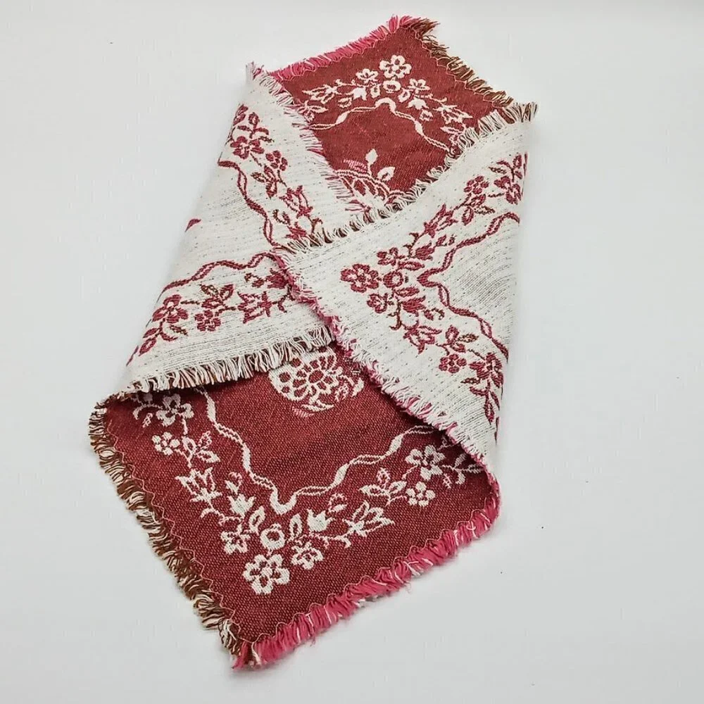 Vintage Red Floral Cotton Linen Fringed Square Woven Napkins